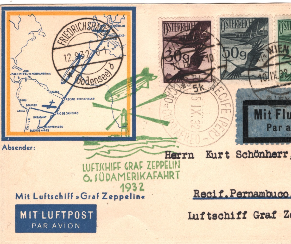 GRAF ZEPPELIN Air Mail *AUSTRIA* Map Card 6.SÜDAMERIKAFAHRT 1932 Brazil KZ97