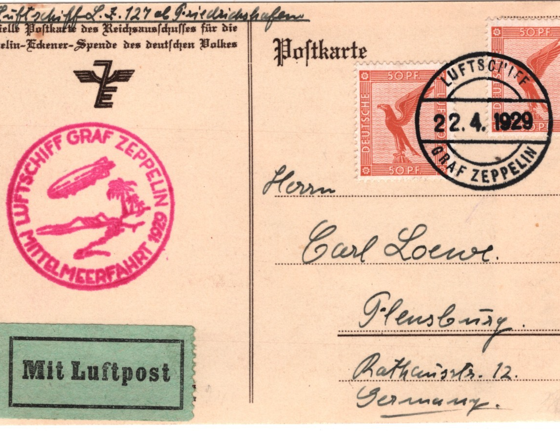 GRAF ZEPPELIN Air Mail Card 1929 *MITTELMEERFAHRT* Flensburg Germany KZ541 - Image 4
