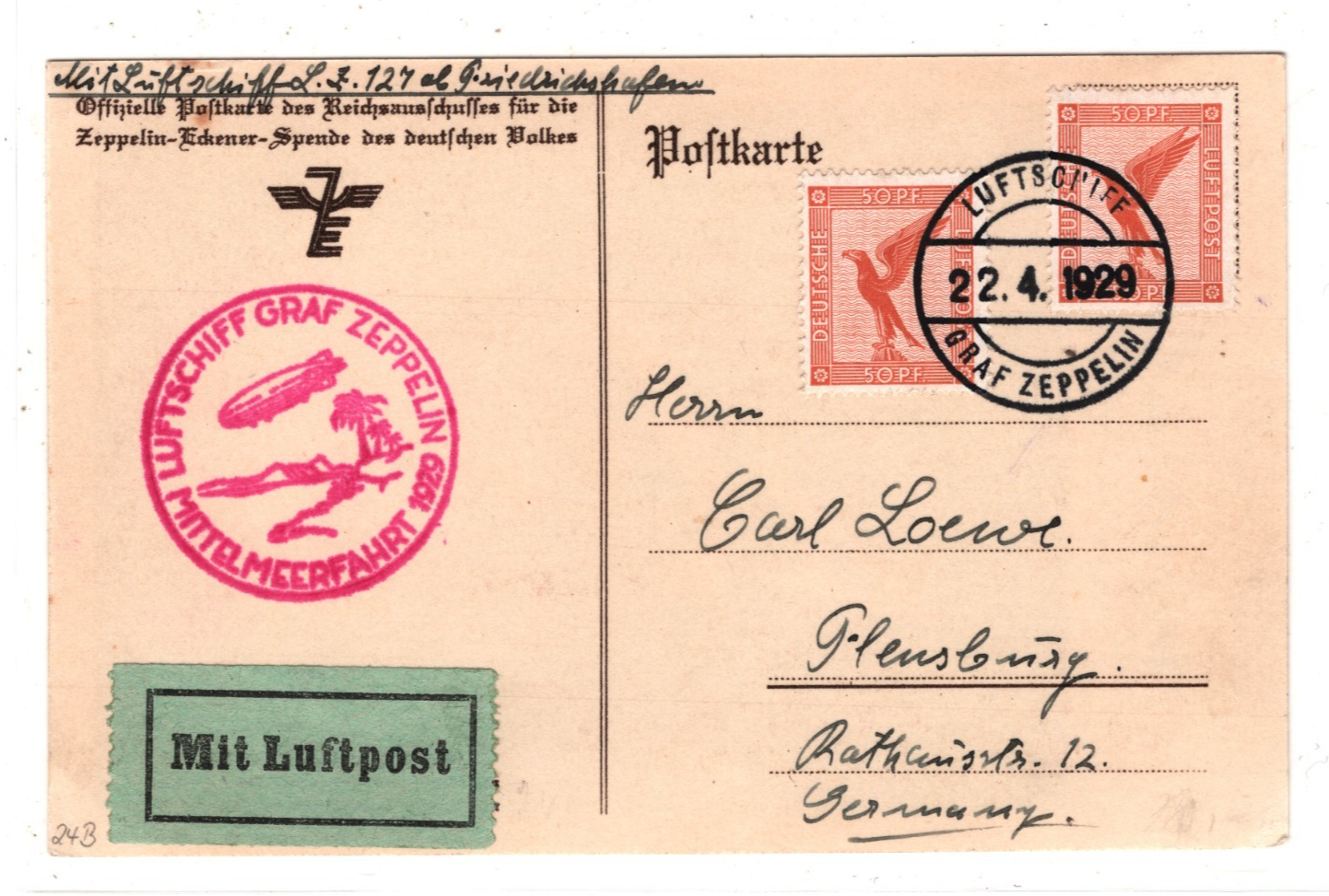 GRAF ZEPPELIN Air Mail Card 1929 *MITTELMEERFAHRT* Flensburg Germany KZ541 - Image 7