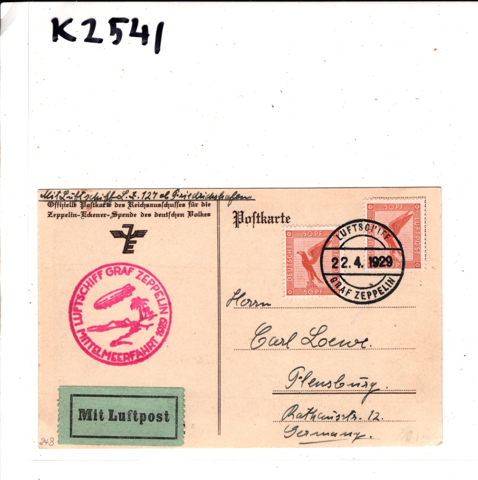 GRAF ZEPPELIN Air Mail Card 1929 *MITTELMEERFAHRT* Flensburg Germany KZ541 - Image 8