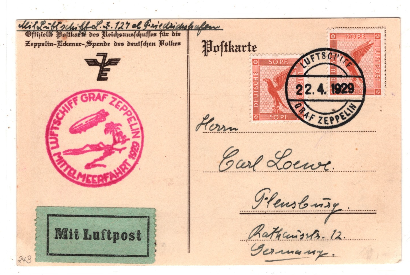 GRAF ZEPPELIN Air Mail Card 1929 *MITTELMEERFAHRT* Flensburg Germany KZ541