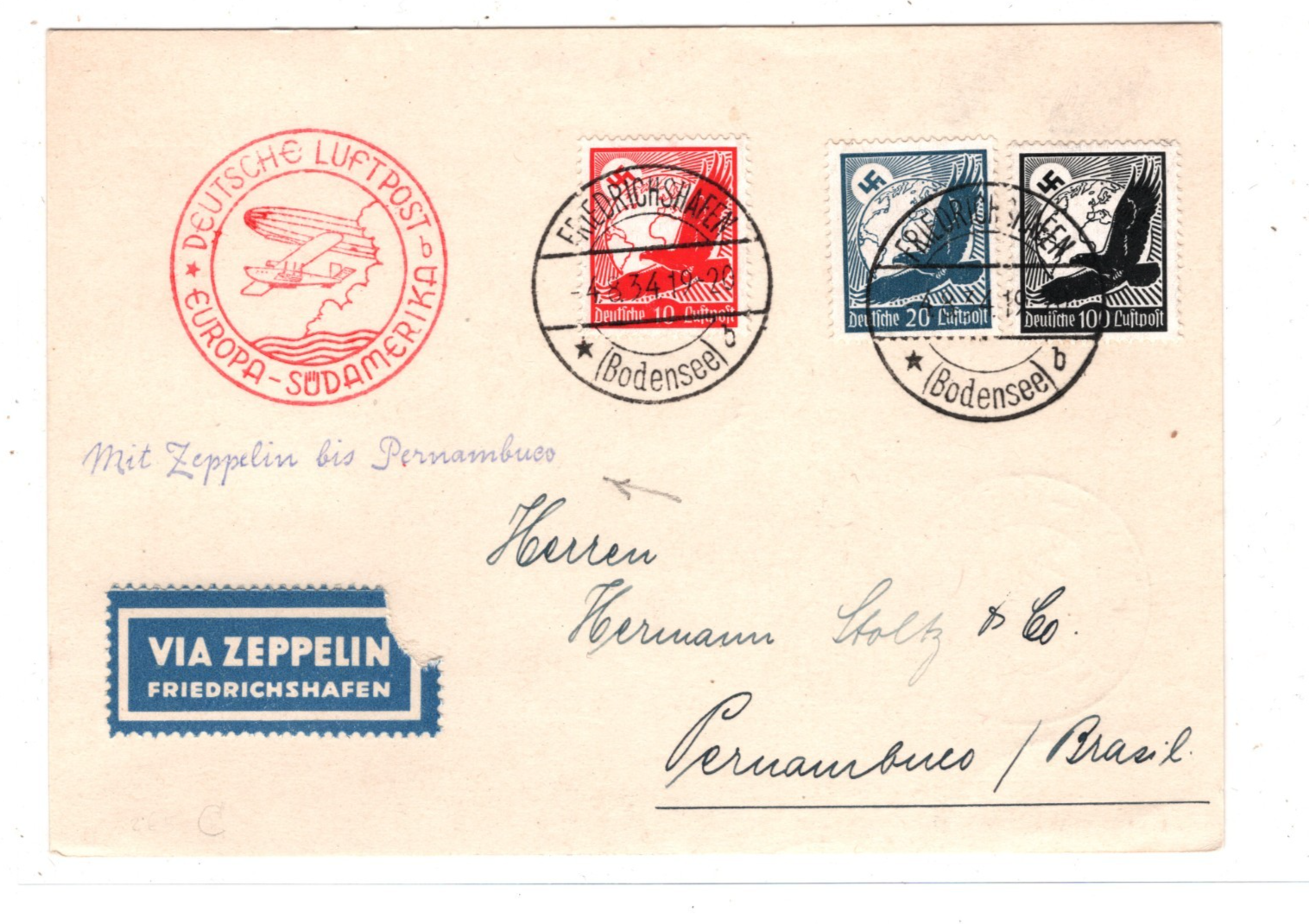 GRAF ZEPPELIN Air Mail Card 1934 BRAZIL Pernambuco Recife Germany KZ231 - Image 3