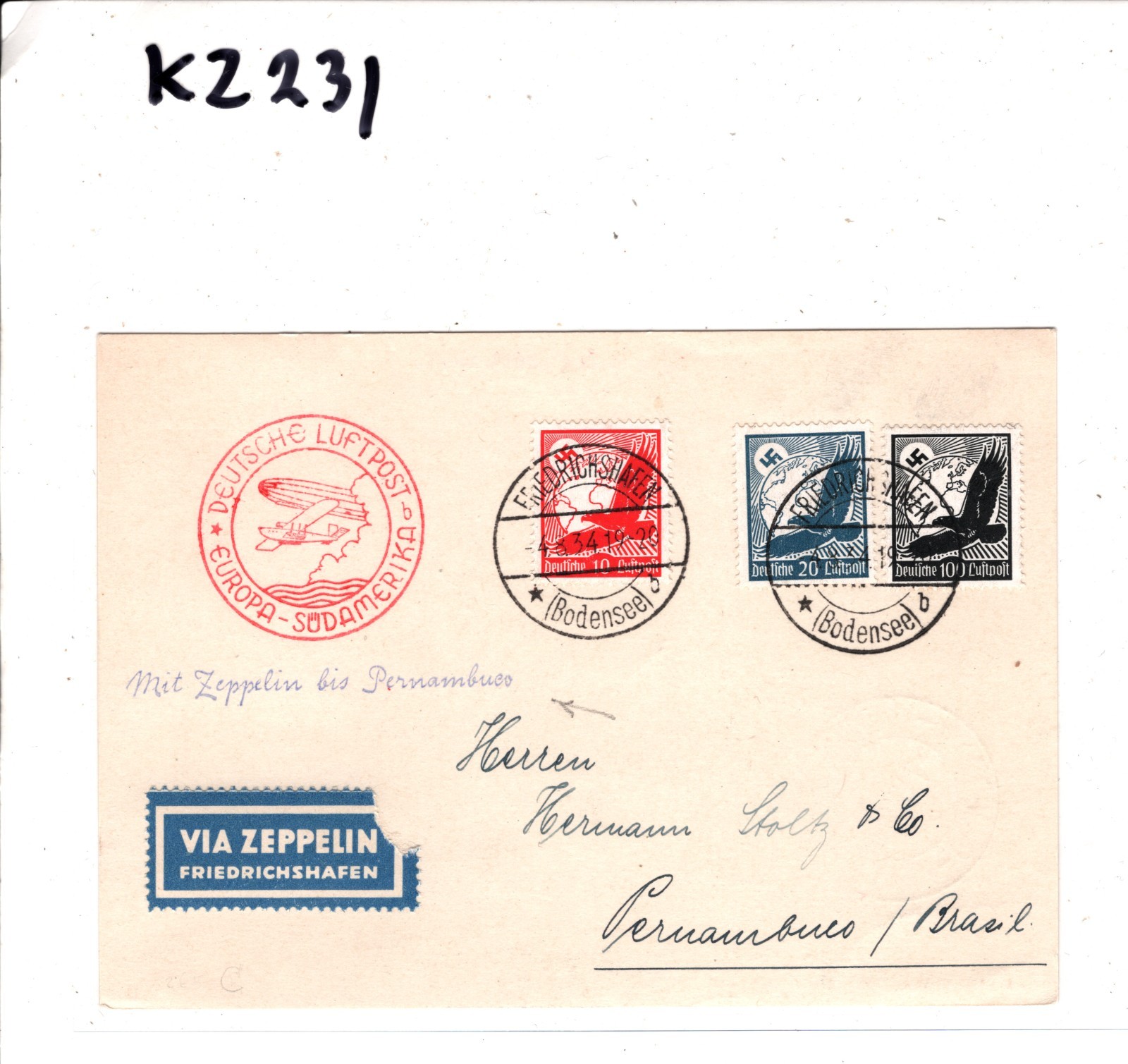 GRAF ZEPPELIN Air Mail Card 1934 BRAZIL Pernambuco Recife Germany KZ231 - Image 6