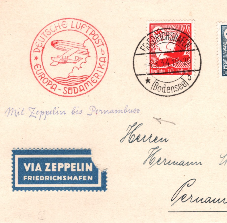 GRAF ZEPPELIN Air Mail Card 1934 BRAZIL Pernambuco Recife Germany KZ231