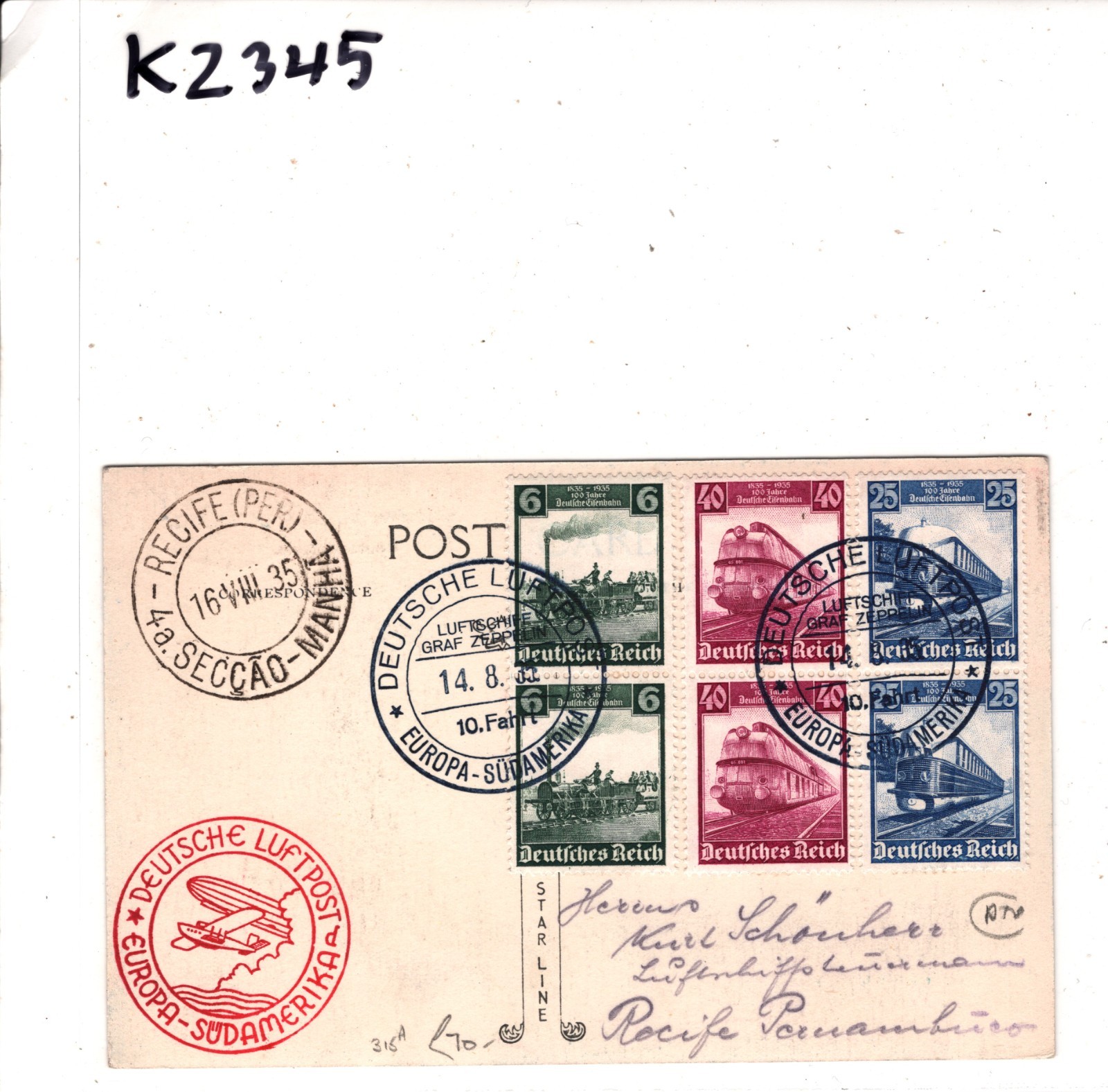 GRAF ZEPPELIN Air Mail Card SÜDAMERIKA *10 Fahrt* CDS BRAZIL 1935 Germany KZ345 - Image 4