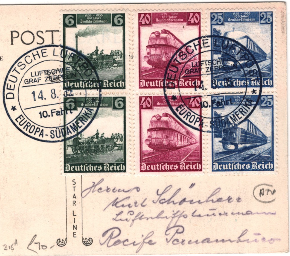GRAF ZEPPELIN Air Mail Card SÜDAMERIKA *10 Fahrt* CDS BRAZIL 1935 Germany KZ345