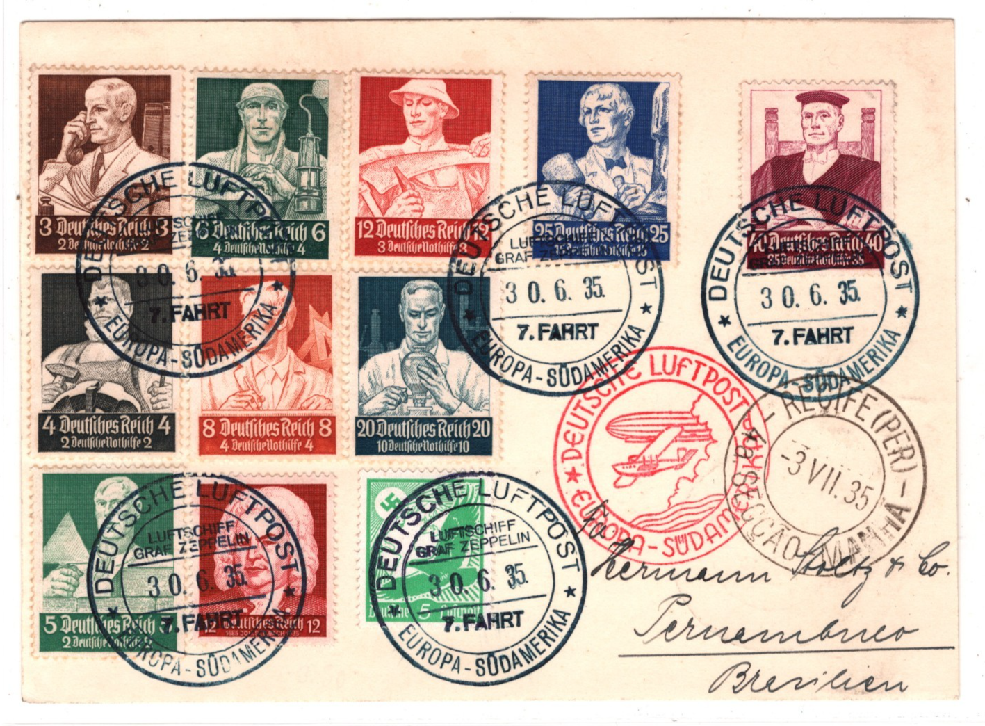 GRAF ZEPPELIN Air Mail Card SÜDAMERIKA *7 FAHRT* CDS BRAZIL 1935 Germany KZ346