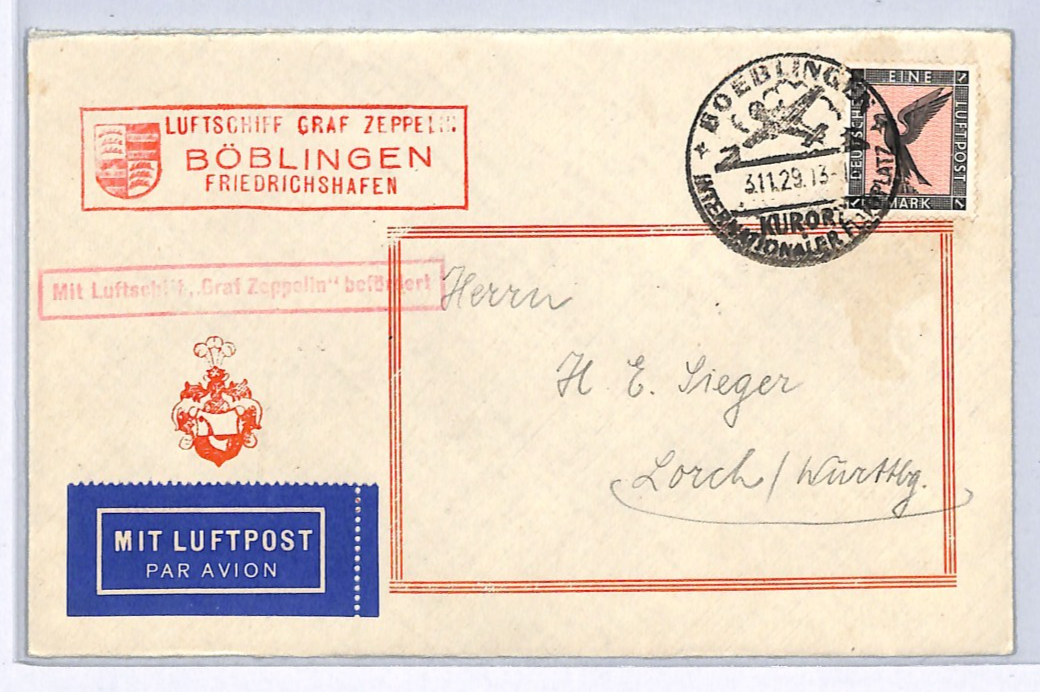 GRAF ZEPPELIN Air Mail Cover GERMANY Böblingen Lorch 1929{samwells-covers}WZ102