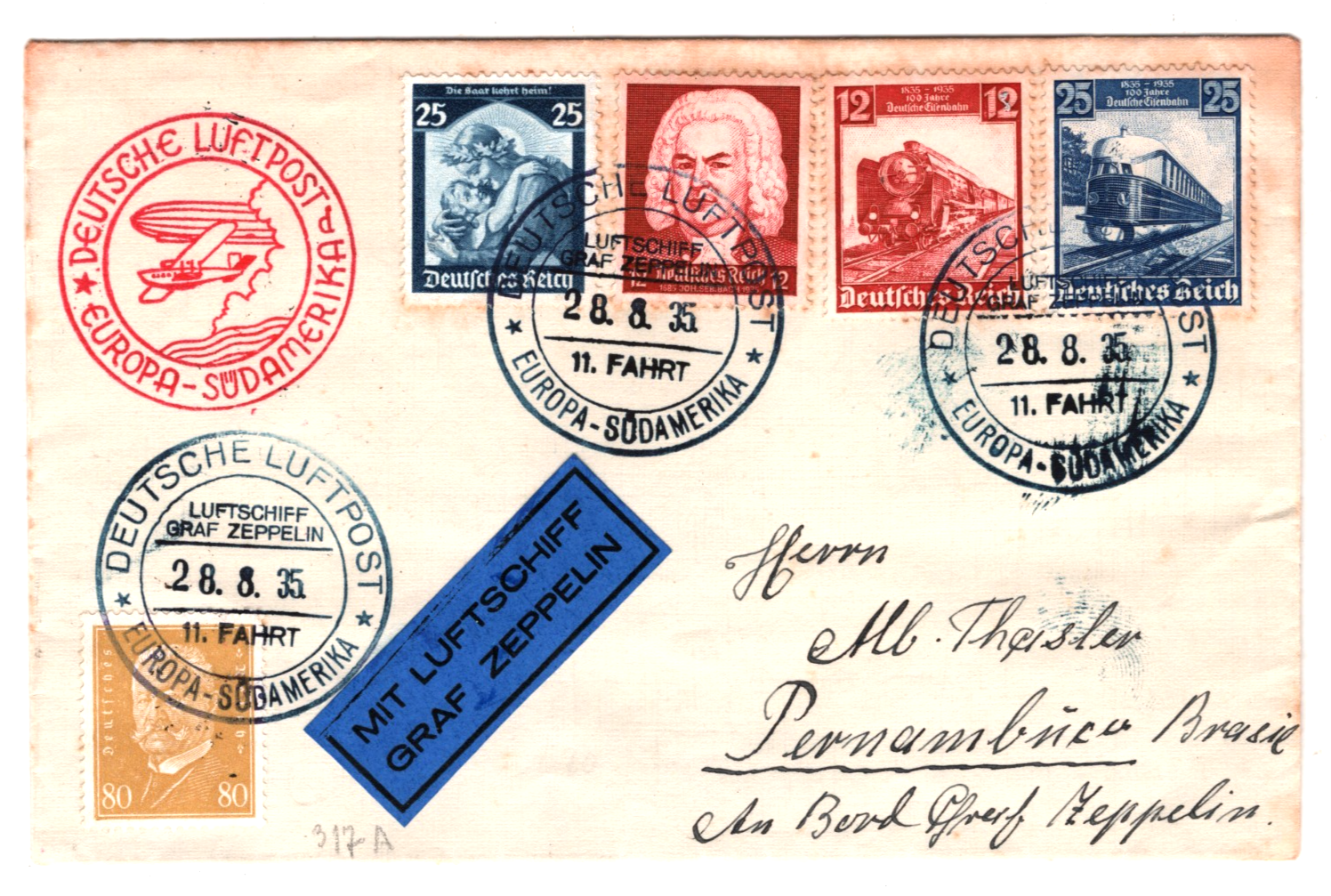 GRAF ZEPPELIN Air Mail Cover SÜDAMERIKA *11 FAHRT* CDS BRAZIL 1935 Germany KZ326