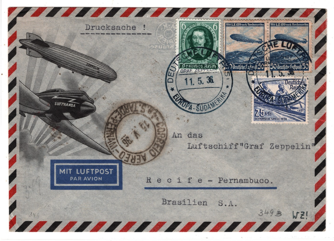 GRAF ZEPPELIN Air Mail ILLUSTRATED Cover SÜDAMERIKA *Blue* 1936 CDS Brazil KZ321 - Image 4