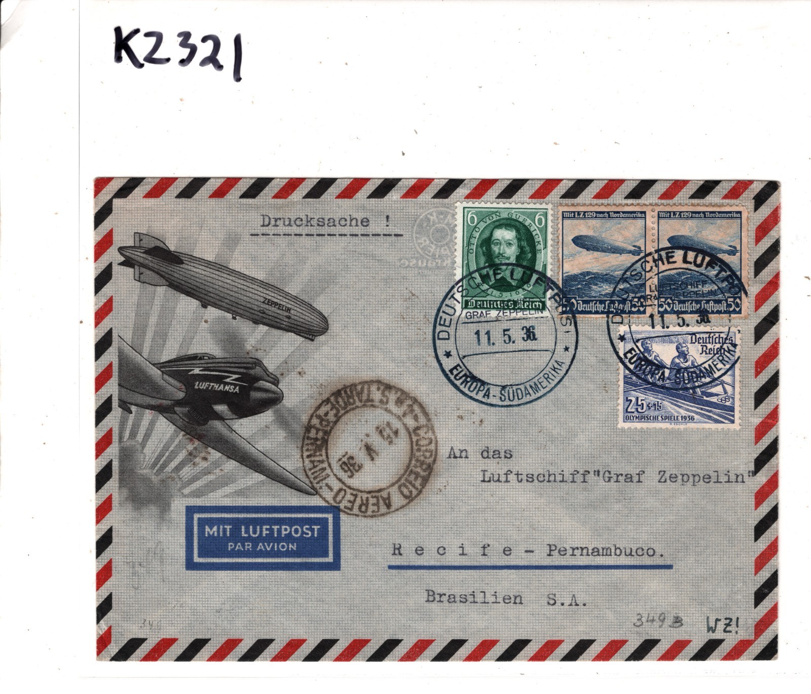 GRAF ZEPPELIN Air Mail ILLUSTRATED Cover SÜDAMERIKA *Blue* 1936 CDS Brazil KZ321 - Image 5