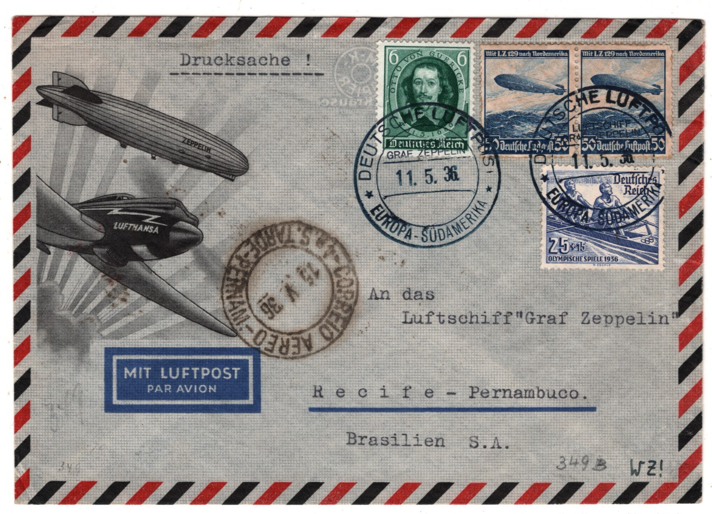 GRAF ZEPPELIN Air Mail ILLUSTRATED Cover SÜDAMERIKA *Blue* 1936 CDS Brazil KZ321