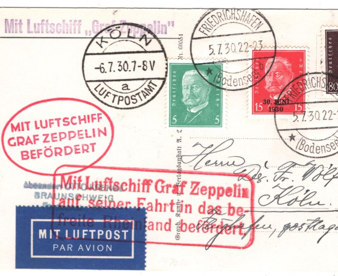 GRAF ZEPPELIN Air Mail RP Card 1930 *FAHRT BEFREITE RHEINLAND* Germany KZ110
