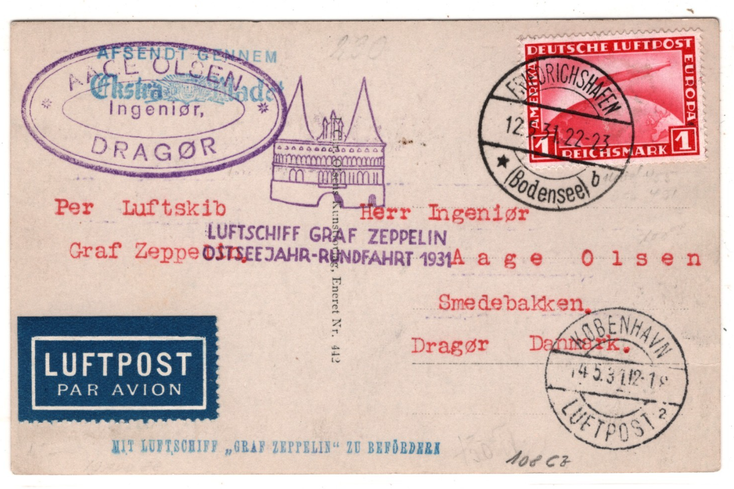 GRAF ZEPPELIN Air SEAPLANES Card 1931 OSTSEEJAHR-RUNDFAHRT Dragør Denmark KZ182 - Image 3