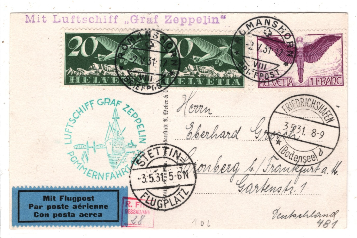 GRAF ZEPPELIN Air *SWITZERLAND* 1F ANGEL Card 1931 POMMERNFAHRT Stettin KZ590 - Image 4