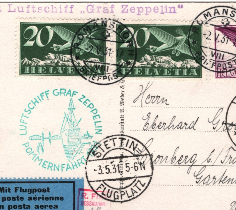 GRAF ZEPPELIN Air *SWITZERLAND* 1F ANGEL Card 1931 POMMERNFAHRT Stettin KZ590 - Image 5