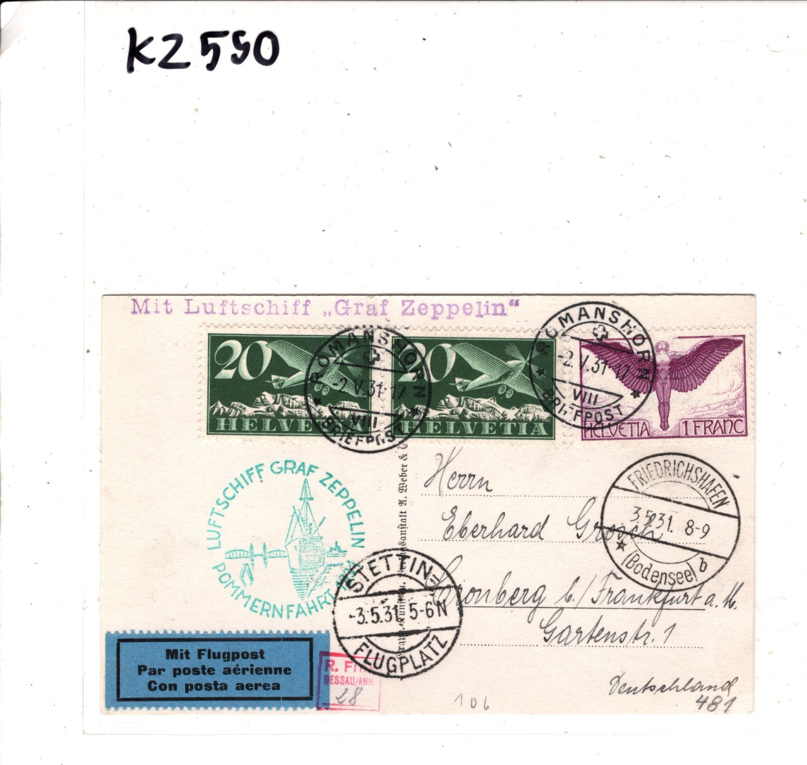 GRAF ZEPPELIN Air *SWITZERLAND* 1F ANGEL Card 1931 POMMERNFAHRT Stettin KZ590 - Image 7