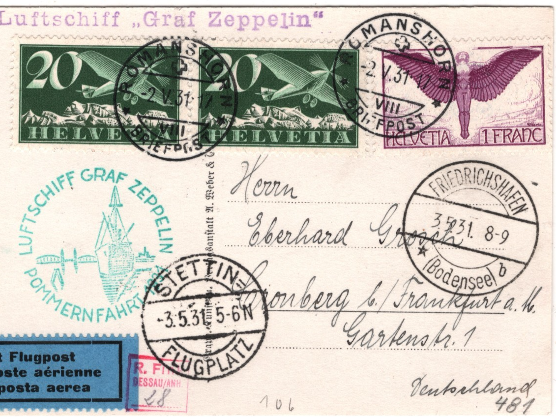 GRAF ZEPPELIN Air *SWITZERLAND* 1F ANGEL Card 1931 POMMERNFAHRT Stettin KZ590