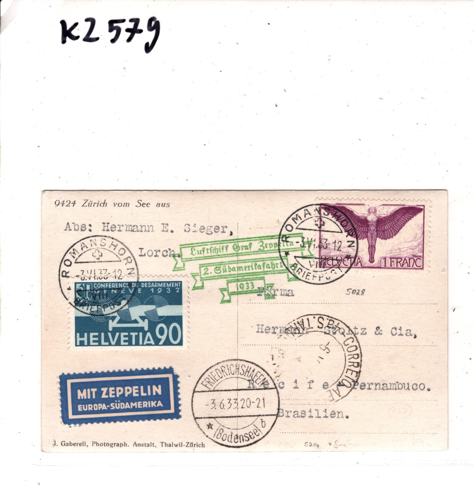 GRAF ZEPPELIN Air *SWITZERLAND* 1F Card 1933 2. SÜDAMERIKAFAHRT Brazil KZ579 - Image 5