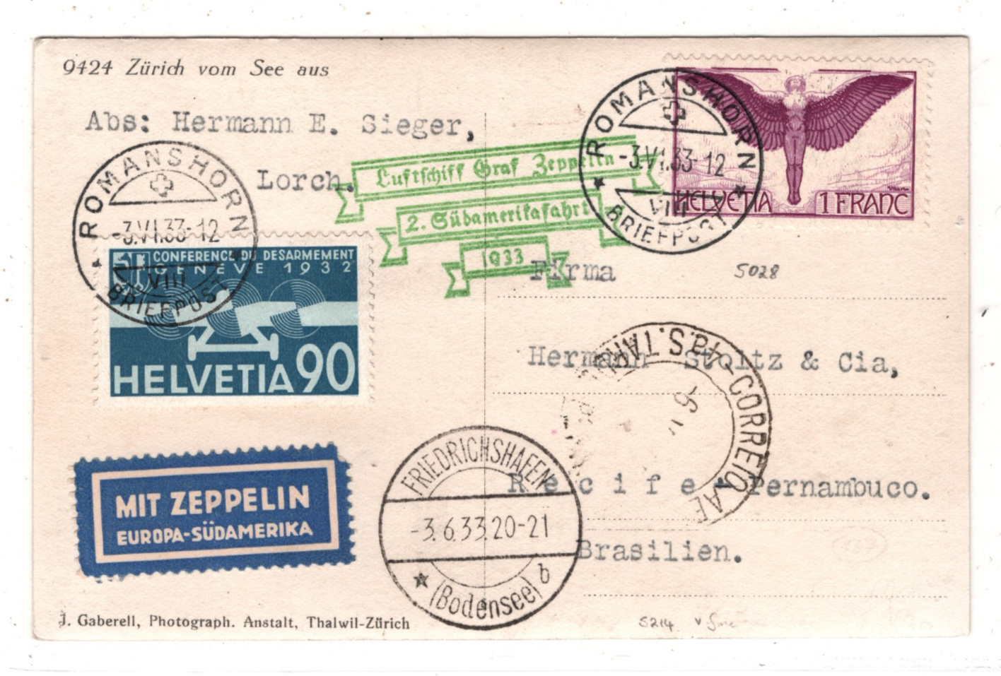 GRAF ZEPPELIN Air *SWITZERLAND* 1F Card 1933 2. SÜDAMERIKAFAHRT Brazil KZ579