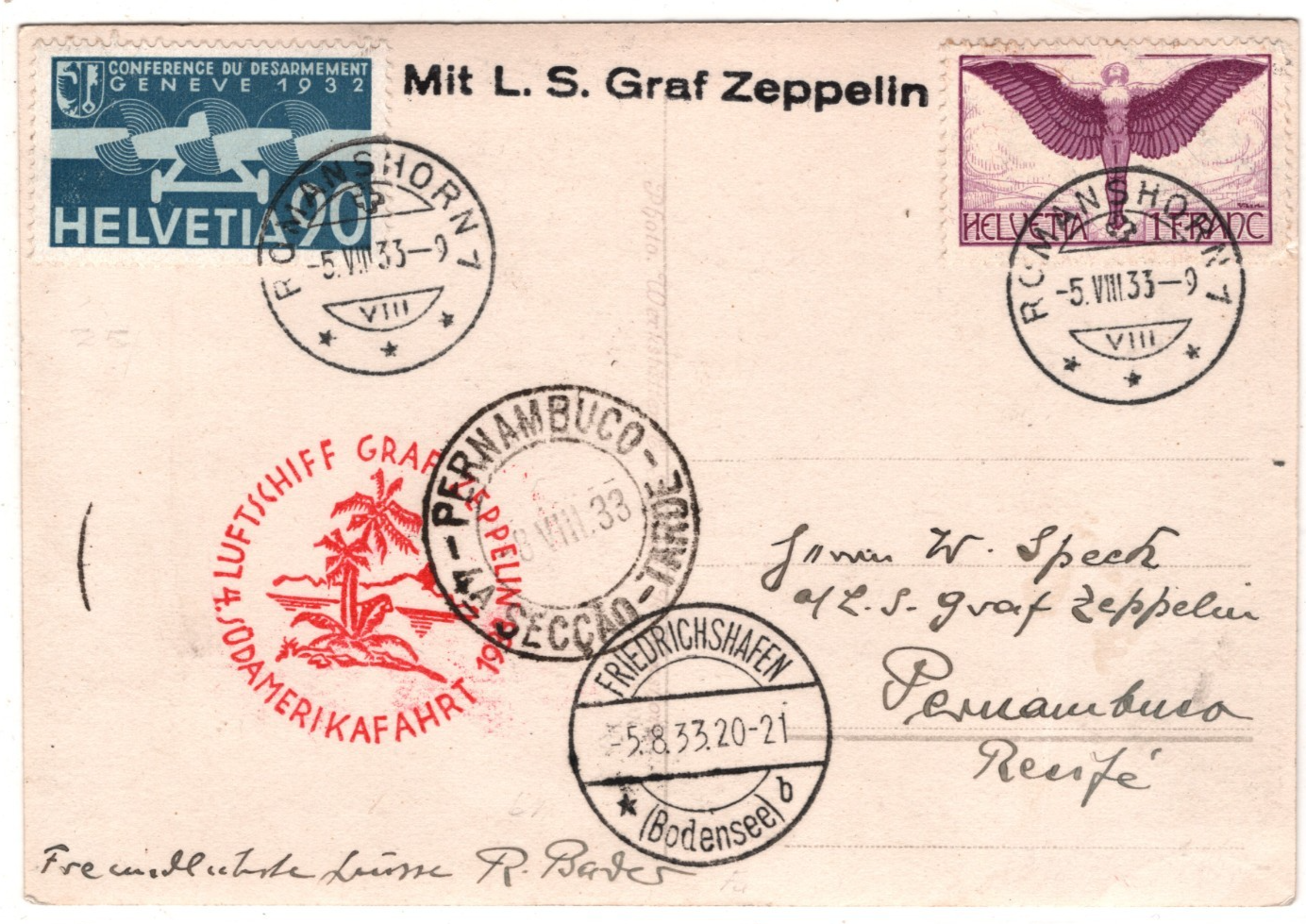GRAF ZEPPELIN Air *SWITZERLAND* 1F Card 1933 4. SÜDAMERIKAFAHRT Brazil KZ586