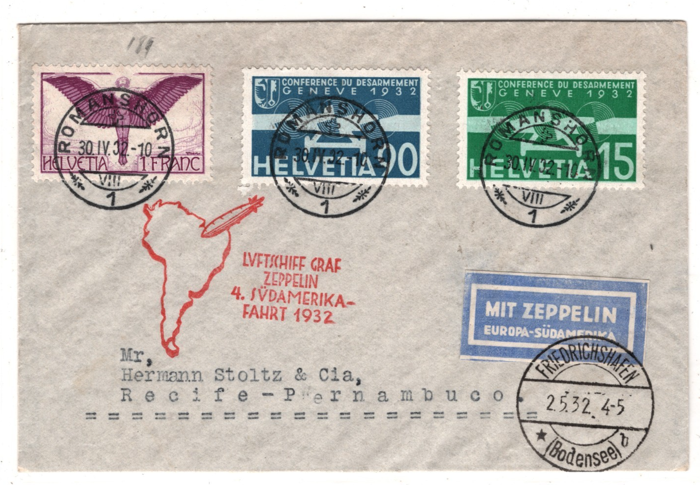 GRAF ZEPPELIN Air *SWITZERLAND* 1F Cover 1932 4. SÜDAMERIKAFAHRT Brazil KZ582 - Image 3