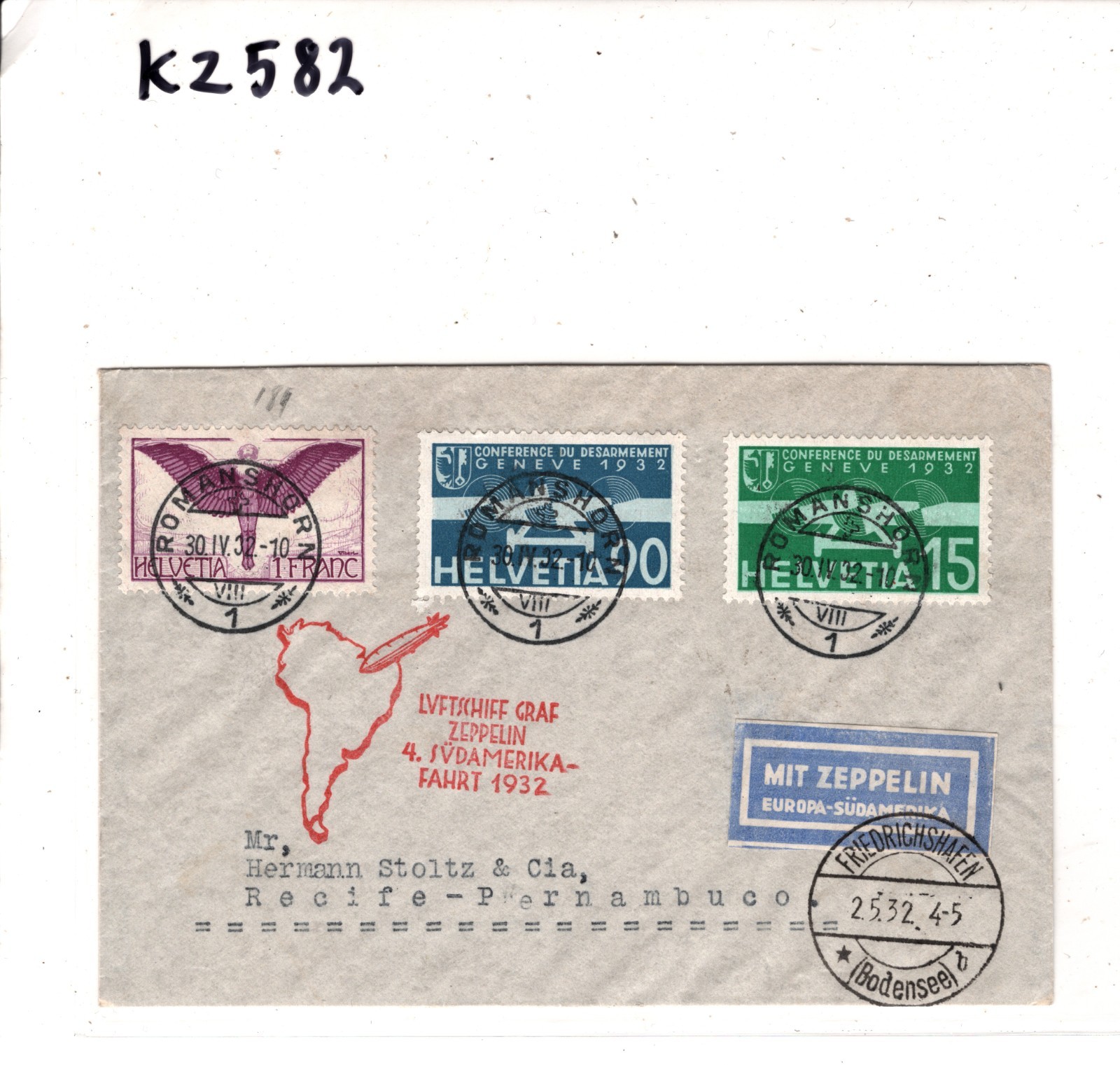 GRAF ZEPPELIN Air *SWITZERLAND* 1F Cover 1932 4. SÜDAMERIKAFAHRT Brazil KZ582 - Image 8