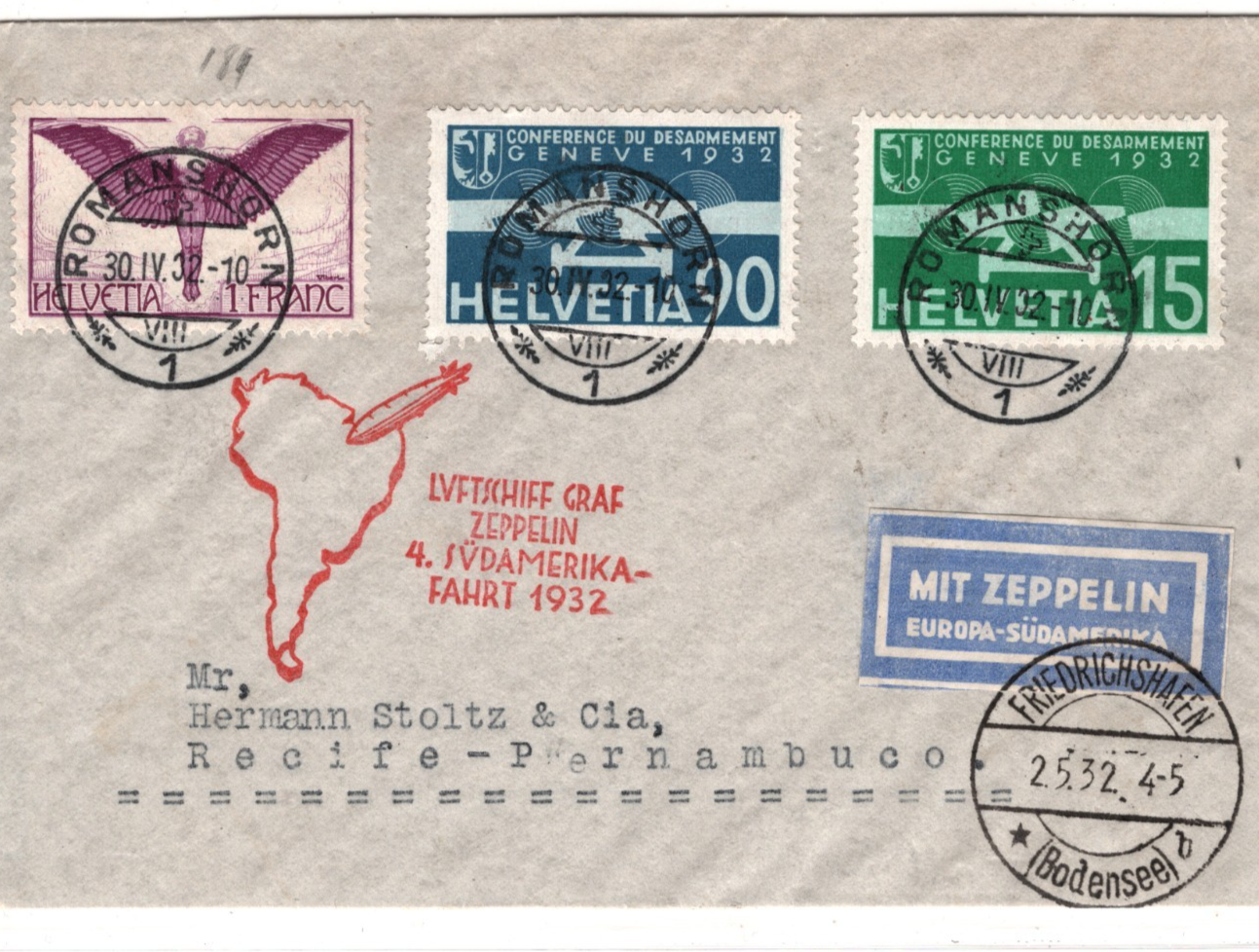 GRAF ZEPPELIN Air *SWITZERLAND* 1F Cover 1932 4. SÜDAMERIKAFAHRT Brazil KZ582