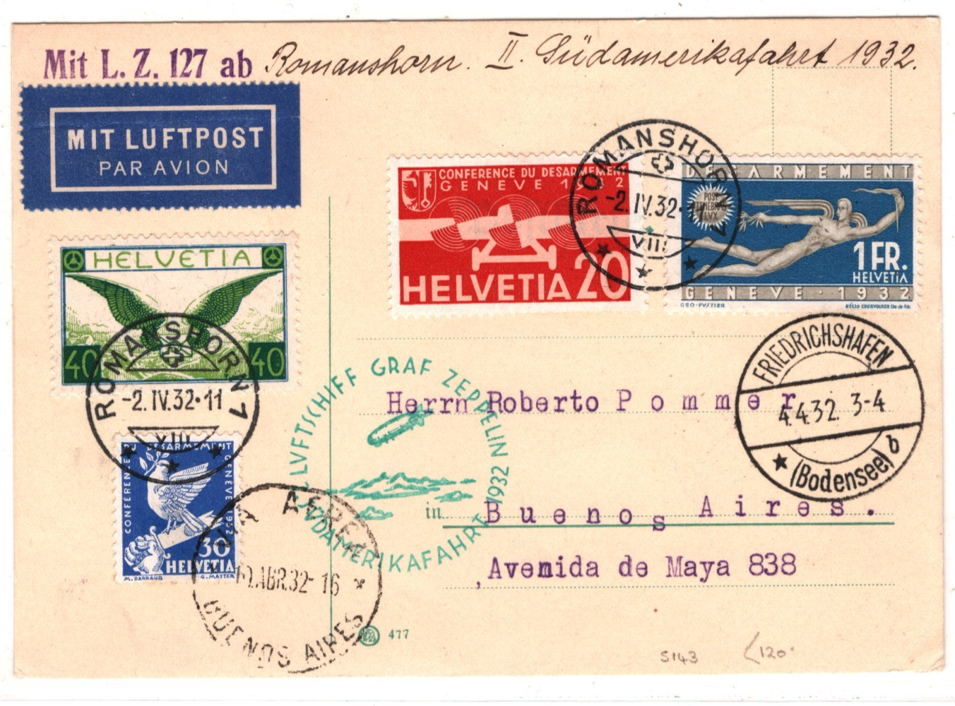 GRAF ZEPPELIN Air *SWITZERLAND* 1F Desarmement 1932 2. SÜDAMERIKAFAHRT KZ583 - Image 5