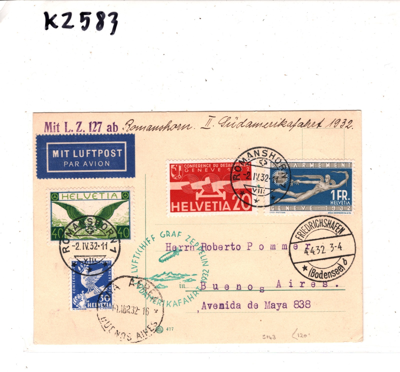 GRAF ZEPPELIN Air *SWITZERLAND* 1F Desarmement 1932 2. SÜDAMERIKAFAHRT KZ583 - Image 8