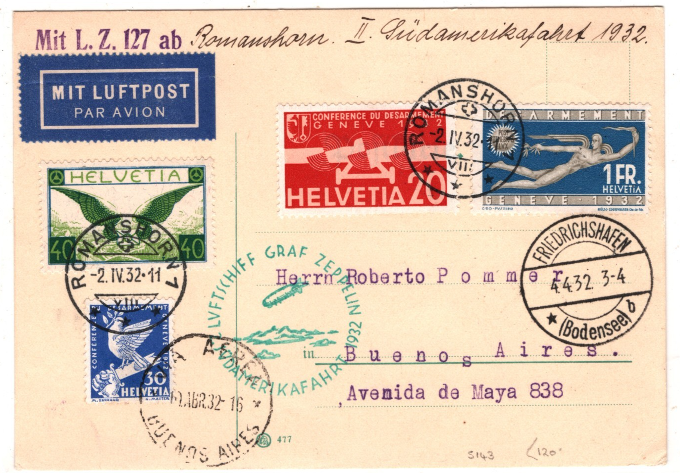 GRAF ZEPPELIN Air *SWITZERLAND* 1F Desarmement 1932 2. SÜDAMERIKAFAHRT KZ583