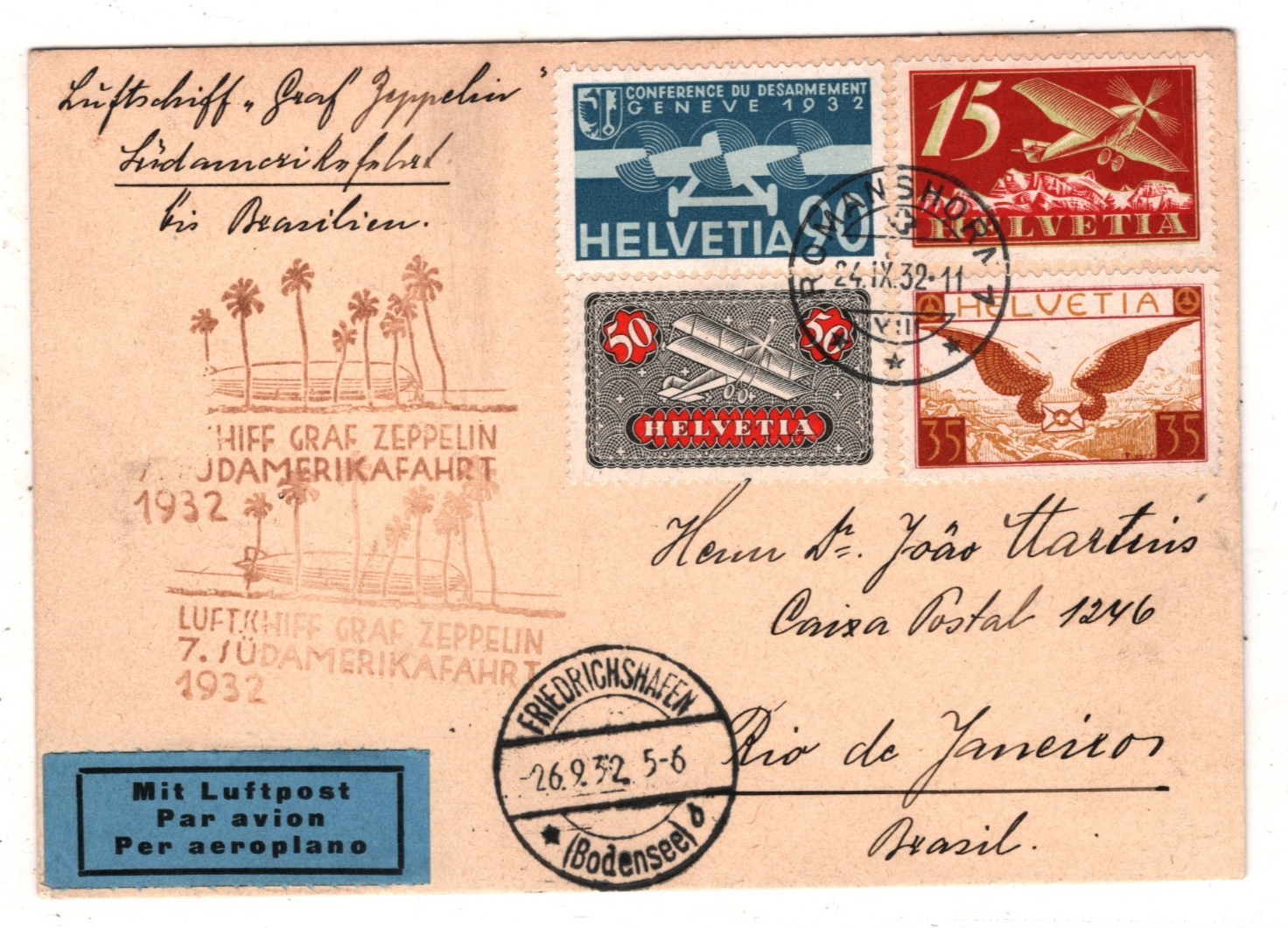 GRAF ZEPPELIN Air *SWITZERLAND* Card 1932 7. SÜDAMERIKAFAHRT Brazil KZ580 - Image 5
