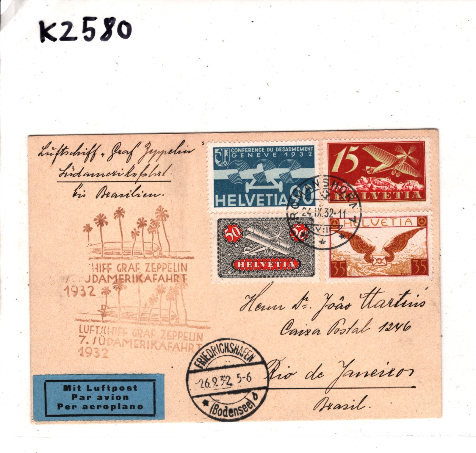 GRAF ZEPPELIN Air *SWITZERLAND* Card 1932 7. SÜDAMERIKAFAHRT Brazil KZ580 - Image 9
