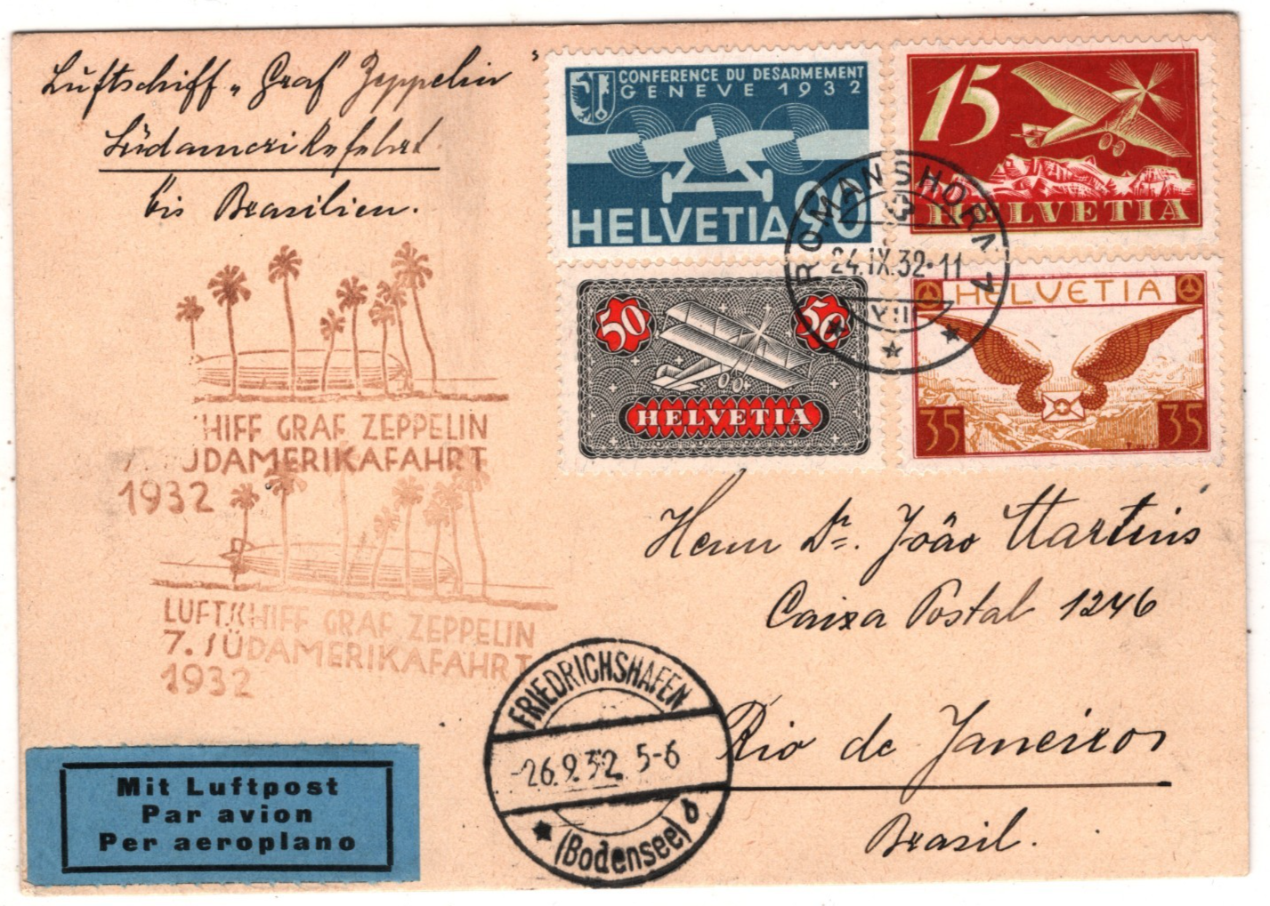 GRAF ZEPPELIN Air *SWITZERLAND* Card 1932 7. SÜDAMERIKAFAHRT Brazil KZ580
