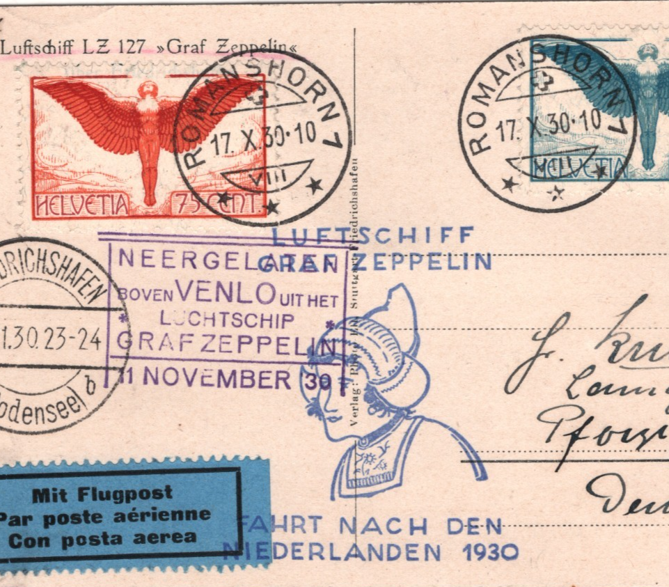 GRAF ZEPPELIN Air *SWITZERLAND* Card 75c 65c Angel 1930 NETHERLANDS FLIGHT KZ588 - Image 5