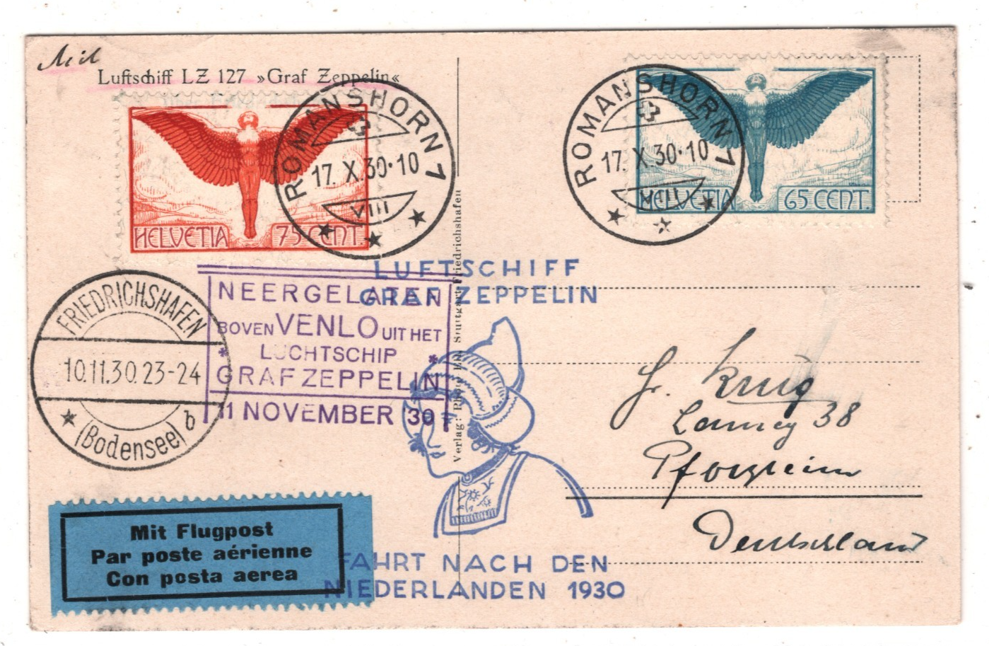 GRAF ZEPPELIN Air *SWITZERLAND* Card 75c 65c Angel 1930 NETHERLANDS FLIGHT KZ588 - Image 6