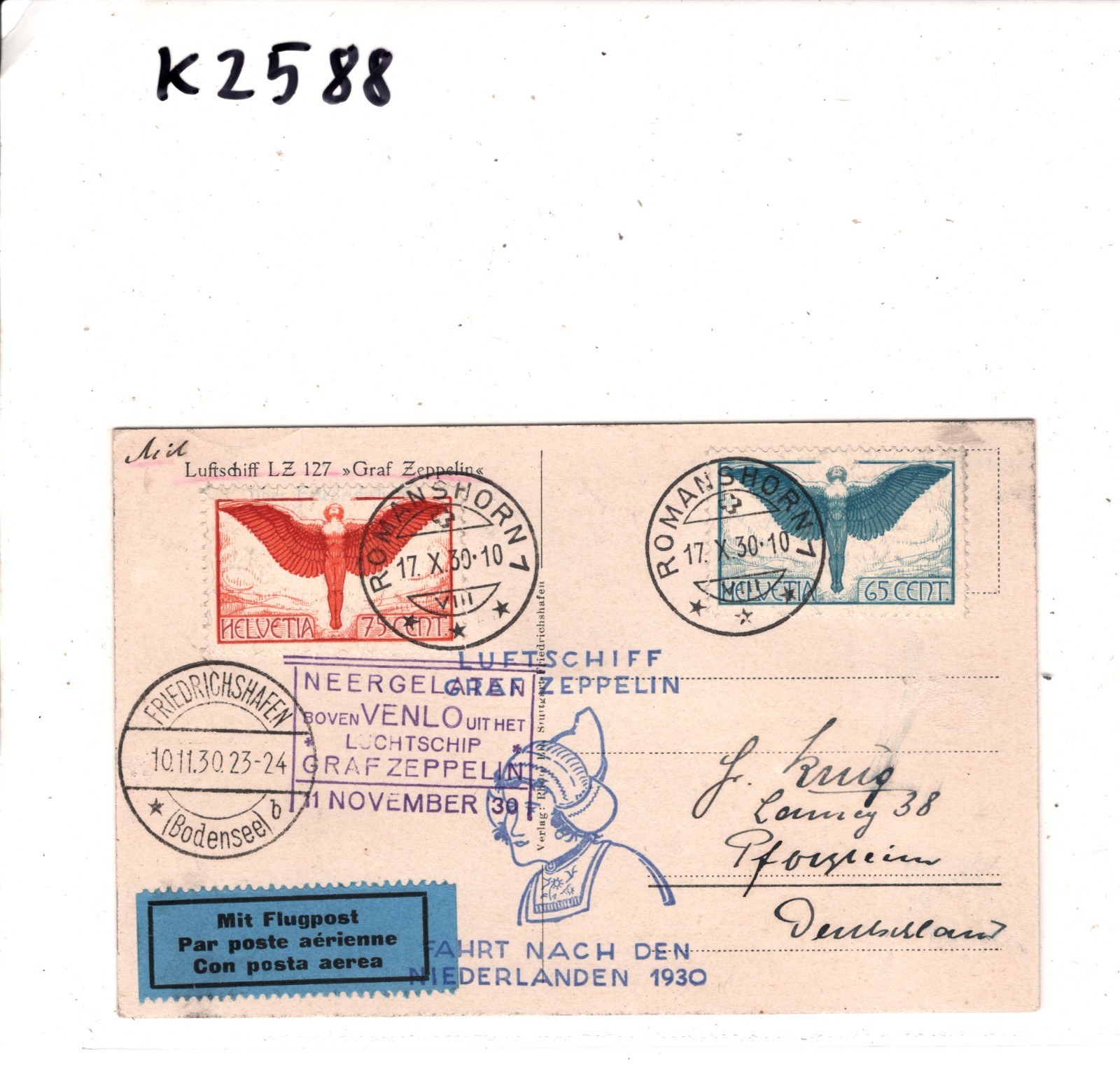 GRAF ZEPPELIN Air *SWITZERLAND* Card 75c 65c Angel 1930 NETHERLANDS FLIGHT KZ588 - Image 8