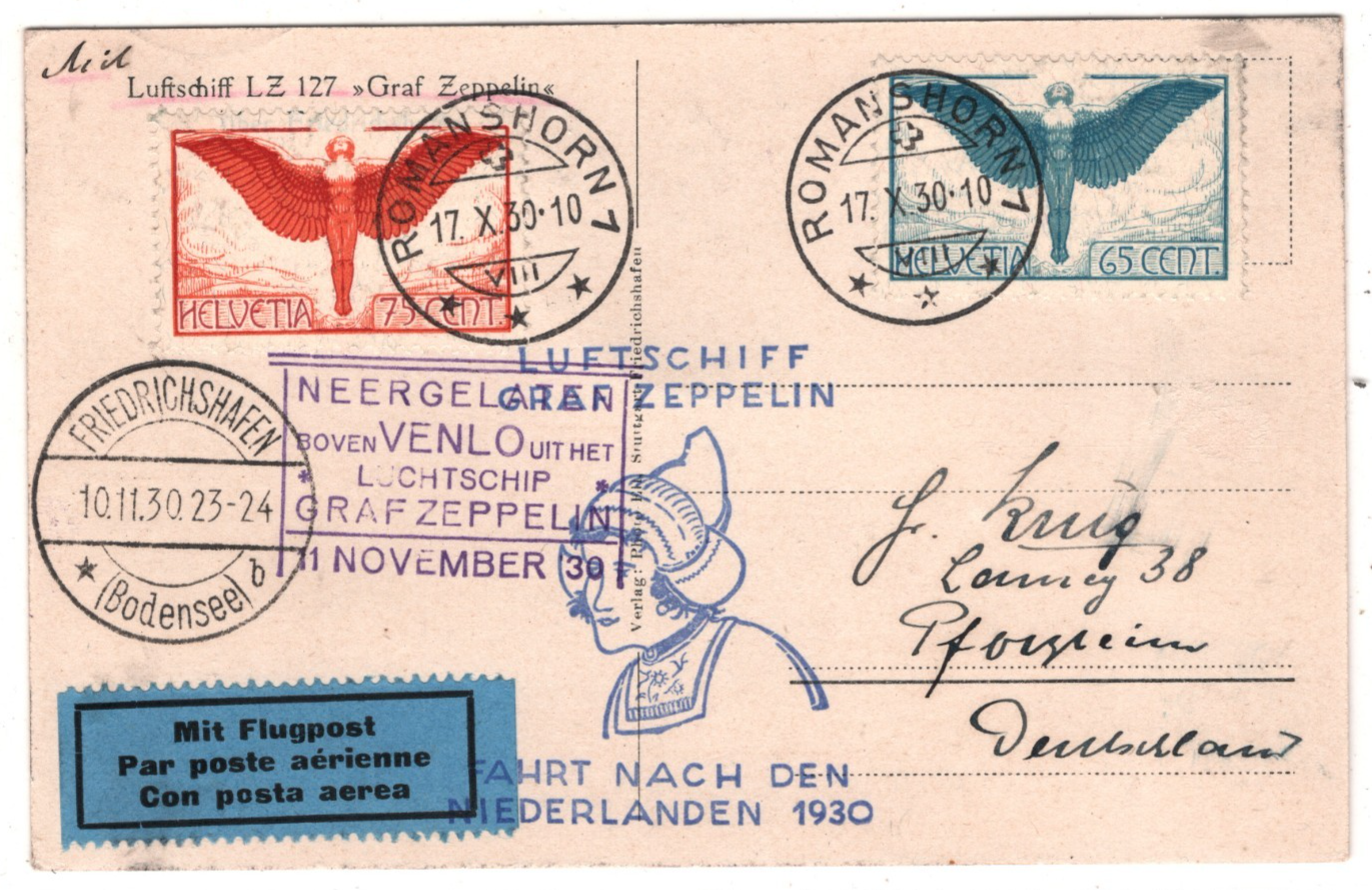GRAF ZEPPELIN Air *SWITZERLAND* Card 75c 65c Angel 1930 NETHERLANDS FLIGHT KZ588