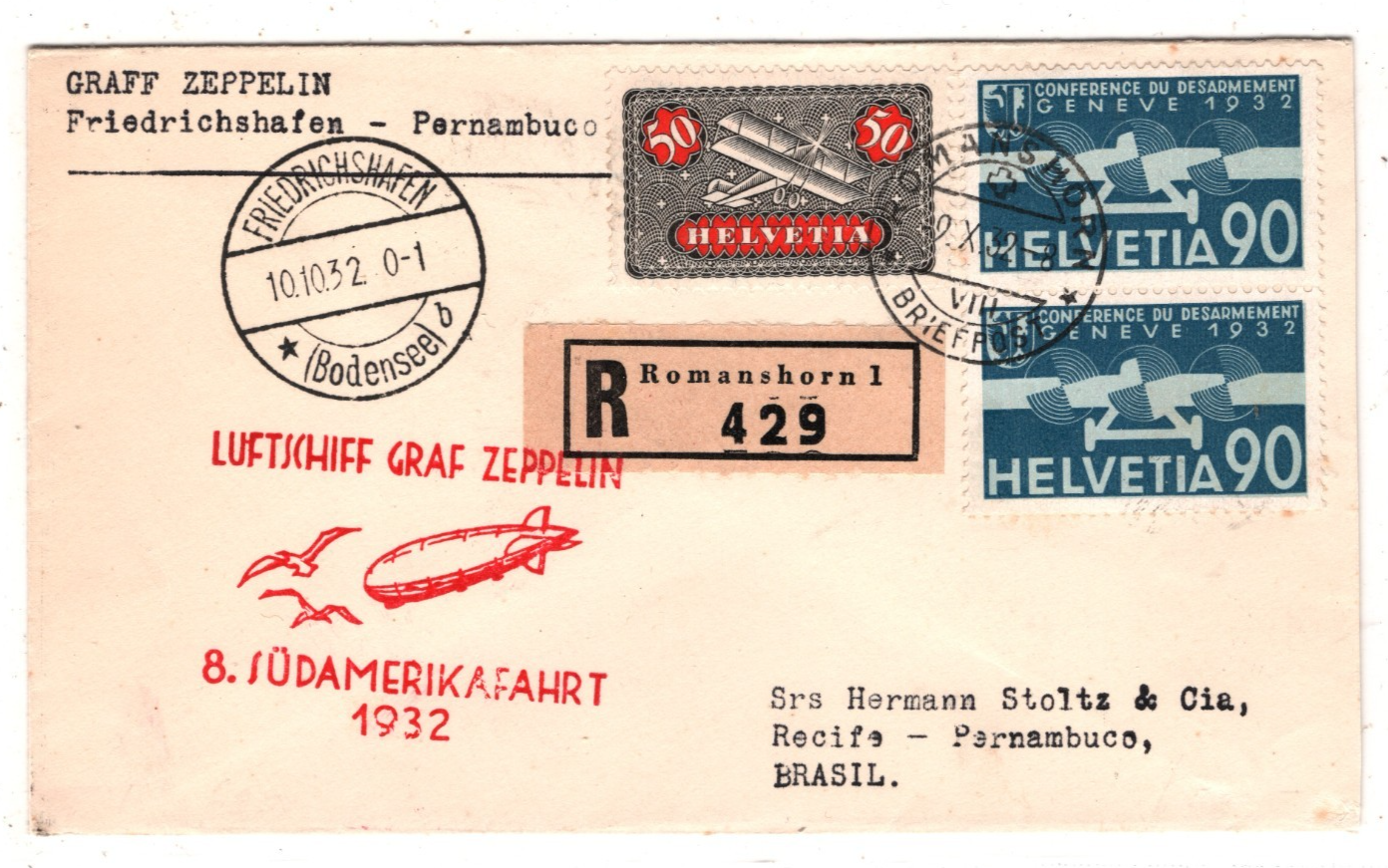 GRAF ZEPPELIN Air *SWITZERLAND* Cover 1932 8. SÜDAMERIKAFAHRT Brazil KZ581 - Image 3