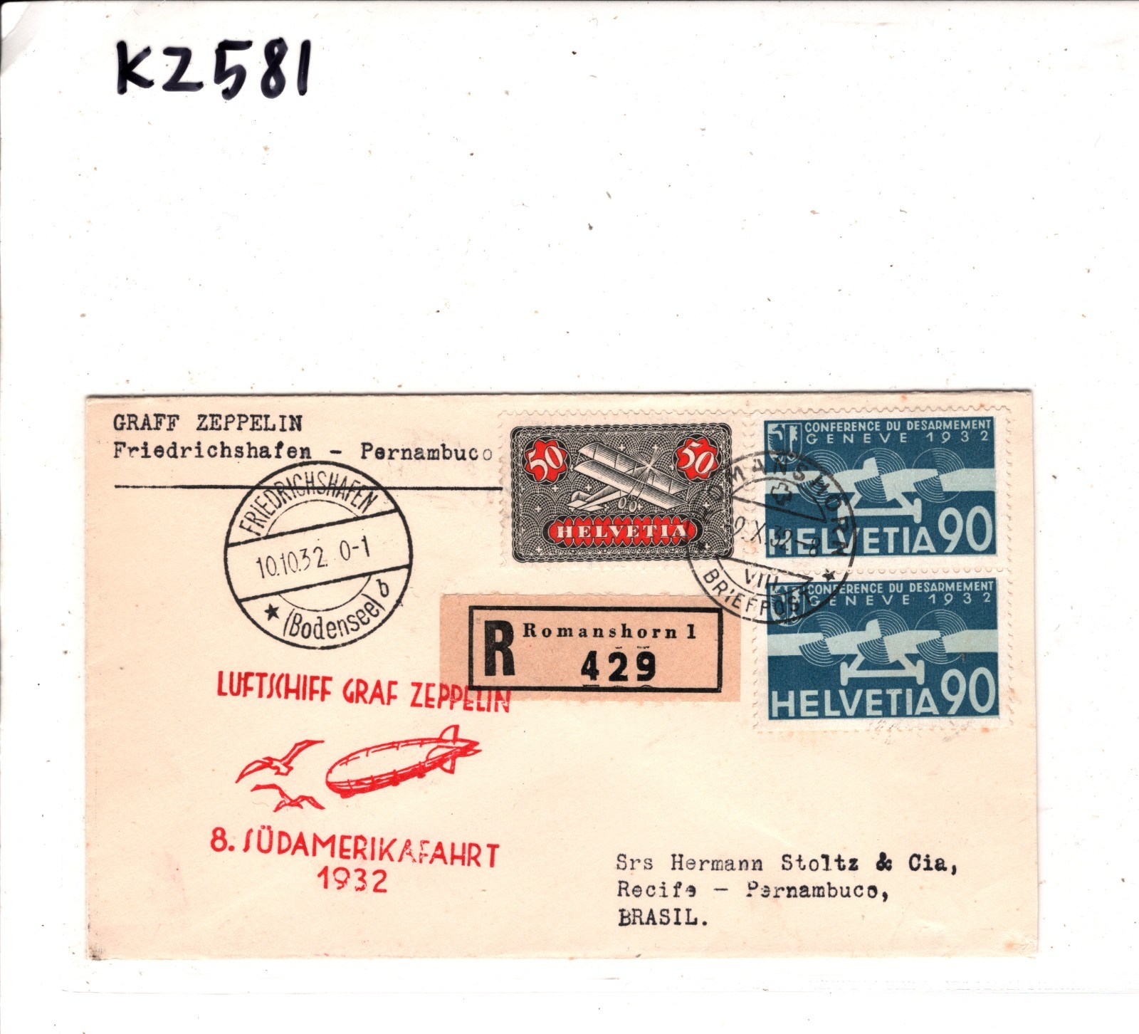 GRAF ZEPPELIN Air *SWITZERLAND* Cover 1932 8. SÜDAMERIKAFAHRT Brazil KZ581 - Image 8