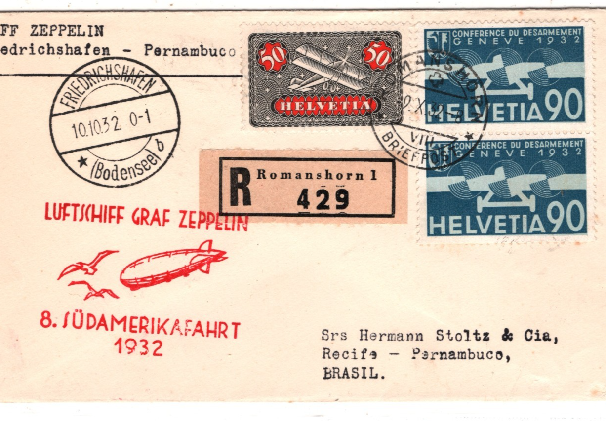 GRAF ZEPPELIN Air *SWITZERLAND* Cover 1932 8. SÜDAMERIKAFAHRT Brazil KZ581