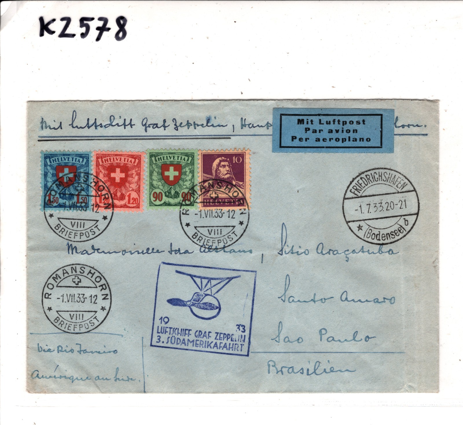 GRAF ZEPPELIN Air *SWITZERLAND* Cover 1934 3. SÜDAMERIKAFAHRT Brazil KZ578 - Image 7