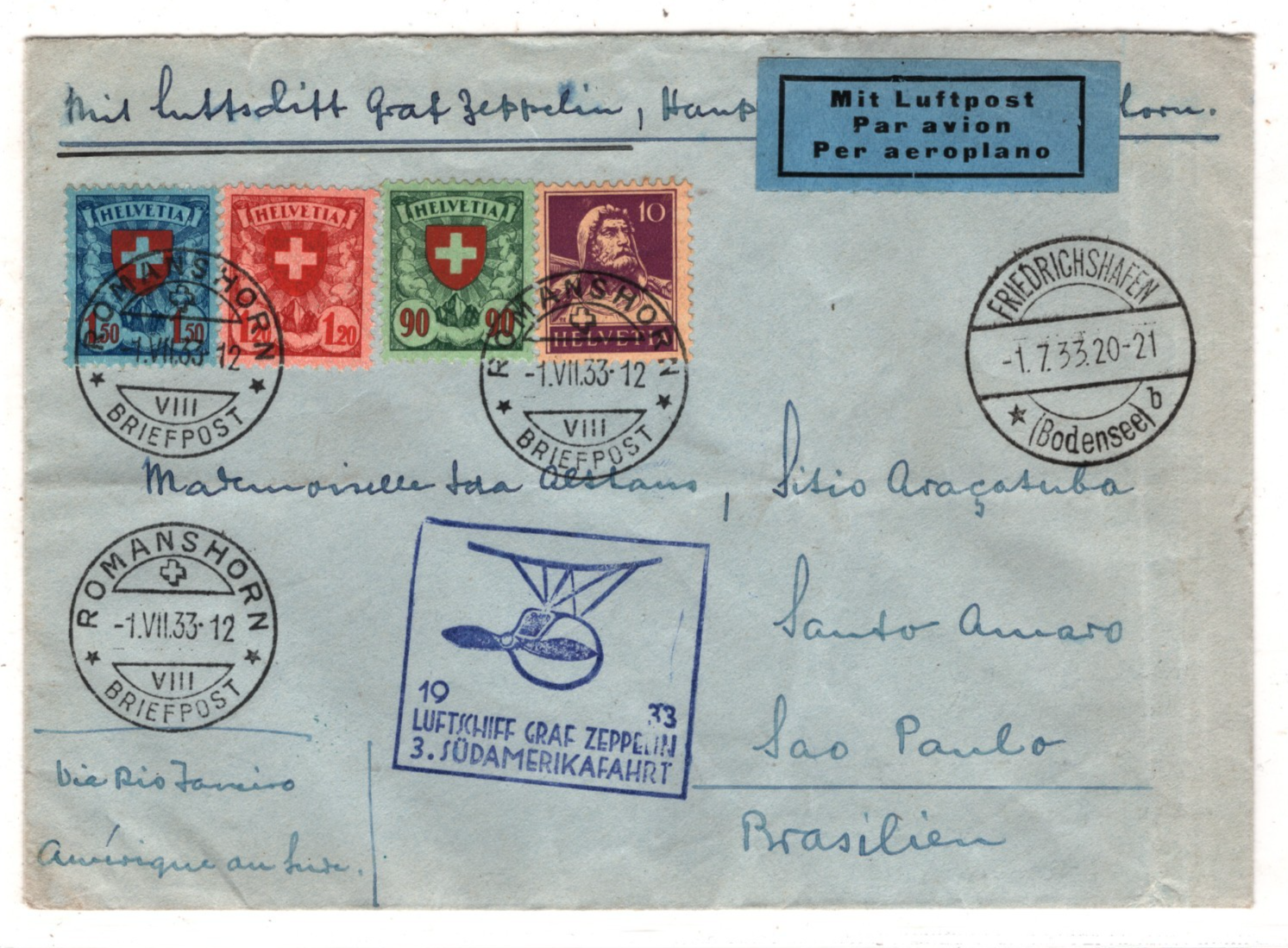 GRAF ZEPPELIN Air *SWITZERLAND* Cover 1934 3. SÜDAMERIKAFAHRT Brazil KZ578