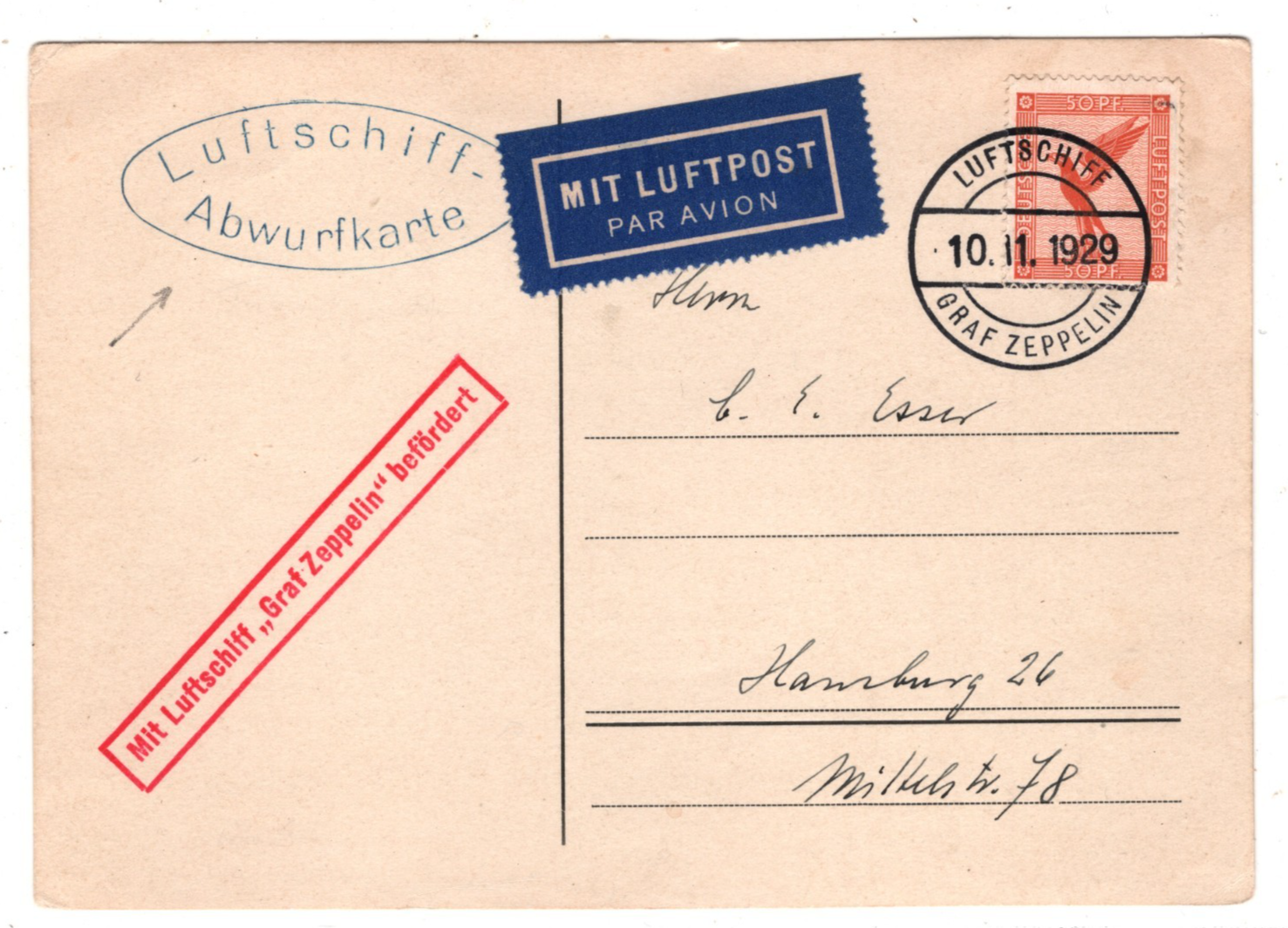 GRAF ZEPPELIN An Bord 1929 Oval *ABWURFKARTE* DROP CARD Air Mail Hamburg KZ527 - Image 6