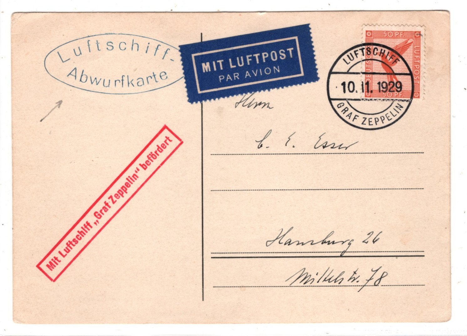 GRAF ZEPPELIN An Bord 1929 Oval *ABWURFKARTE* DROP CARD Air Mail Hamburg KZ527