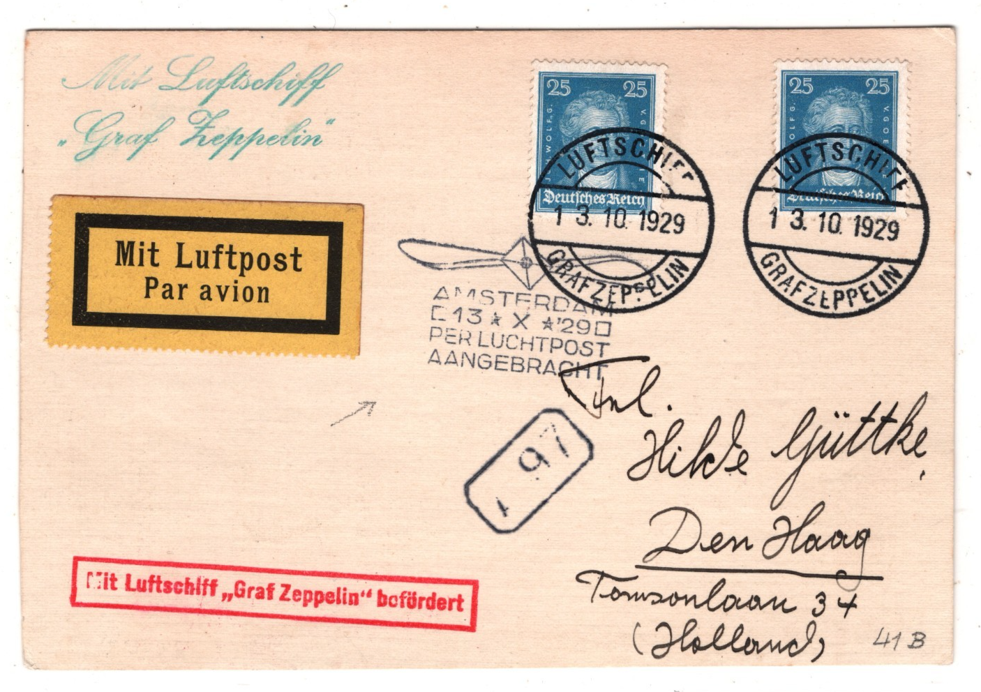 GRAF ZEPPELIN An Bord Card 1929 AMSTERDAM PROPELLER Cachet Air Netherlands KZ536 - Image 3