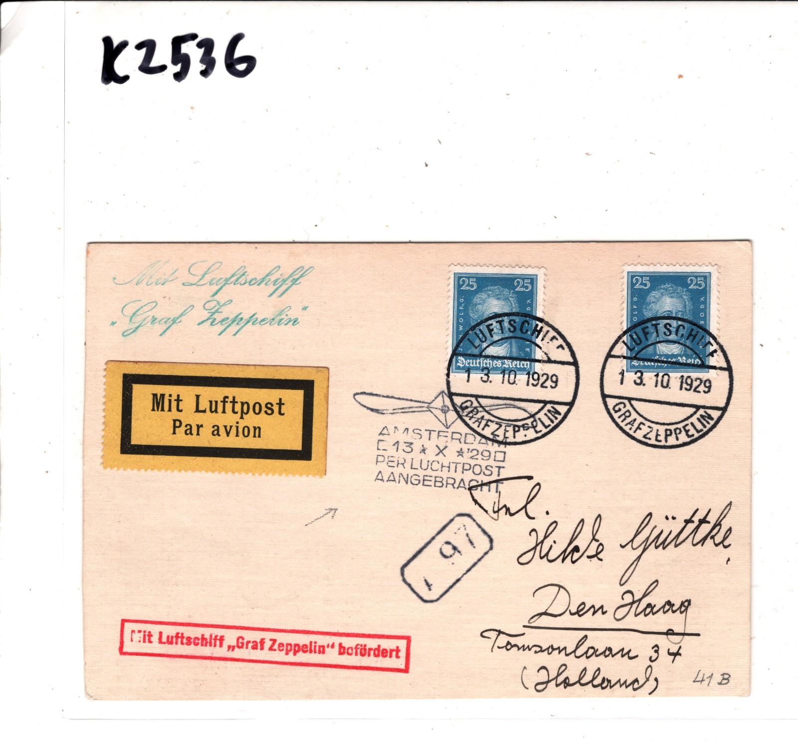 GRAF ZEPPELIN An Bord Card 1929 AMSTERDAM PROPELLER Cachet Air Netherlands KZ536 - Image 6