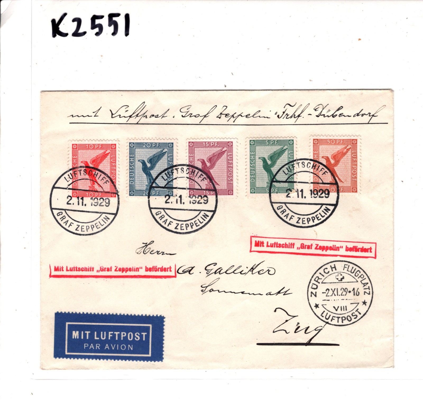 GRAF ZEPPELIN An Bord Cover 1929 LUFTSCHIFF BEFÖRDERT Air SWITZERLAND Zug KZ551 - Image 6