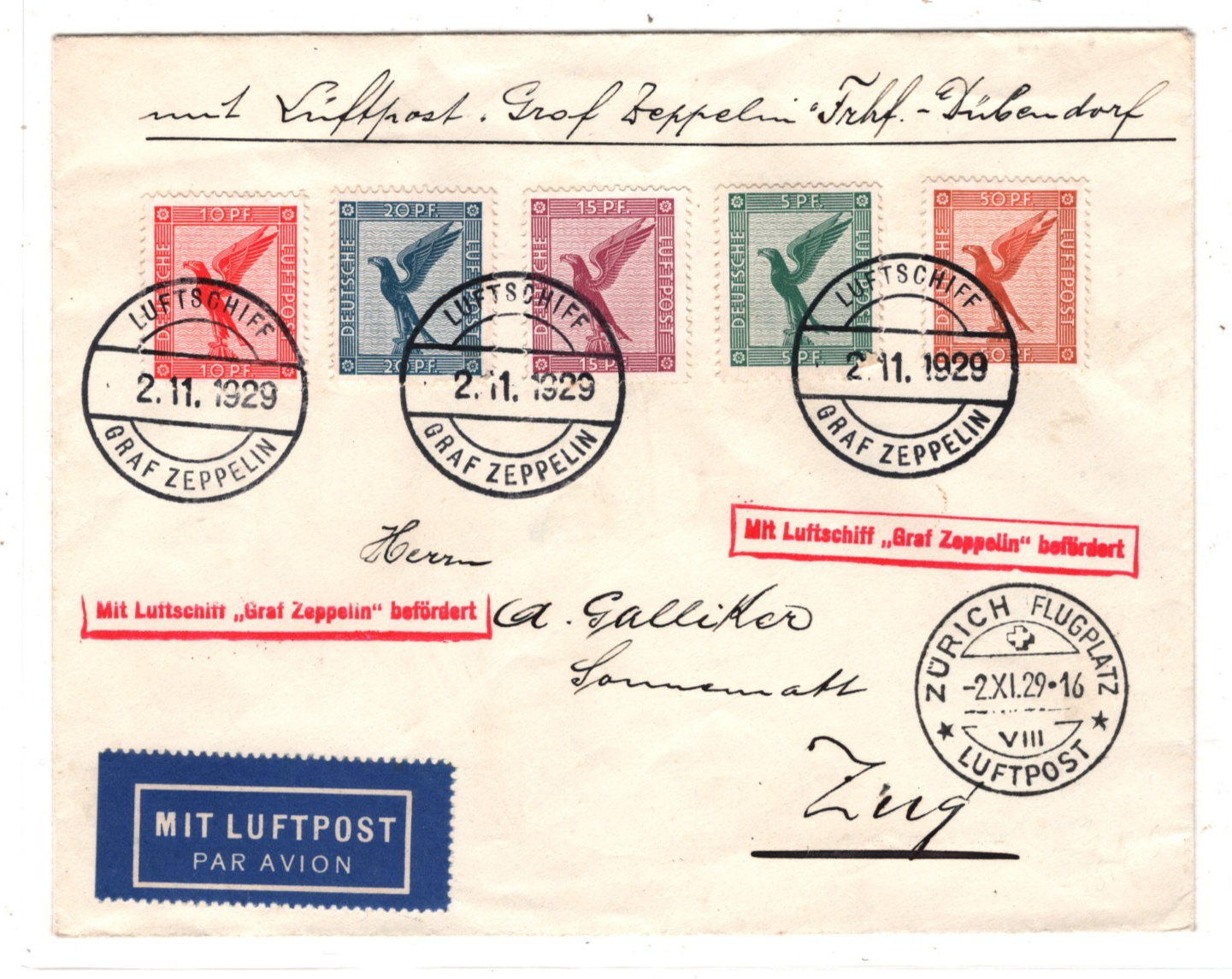 GRAF ZEPPELIN An Bord Cover 1929 LUFTSCHIFF BEFÖRDERT Air SWITZERLAND Zug KZ551