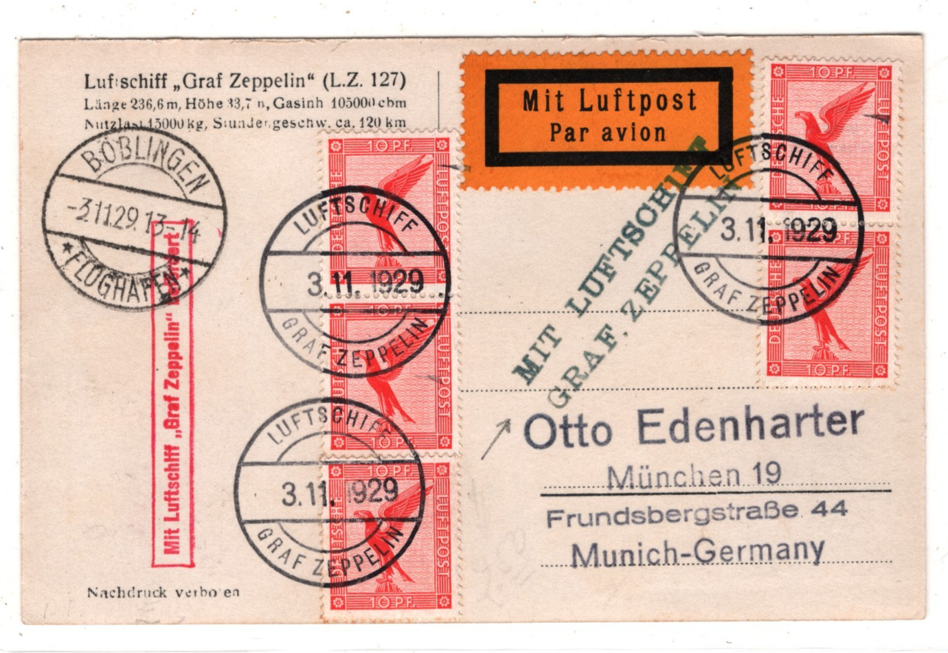 GRAF ZEPPELIN An Bord GERMANY Air Card 1929 *LUFTSCHIFF BEFÖRDERT* Cachet KZ531 - Image 3